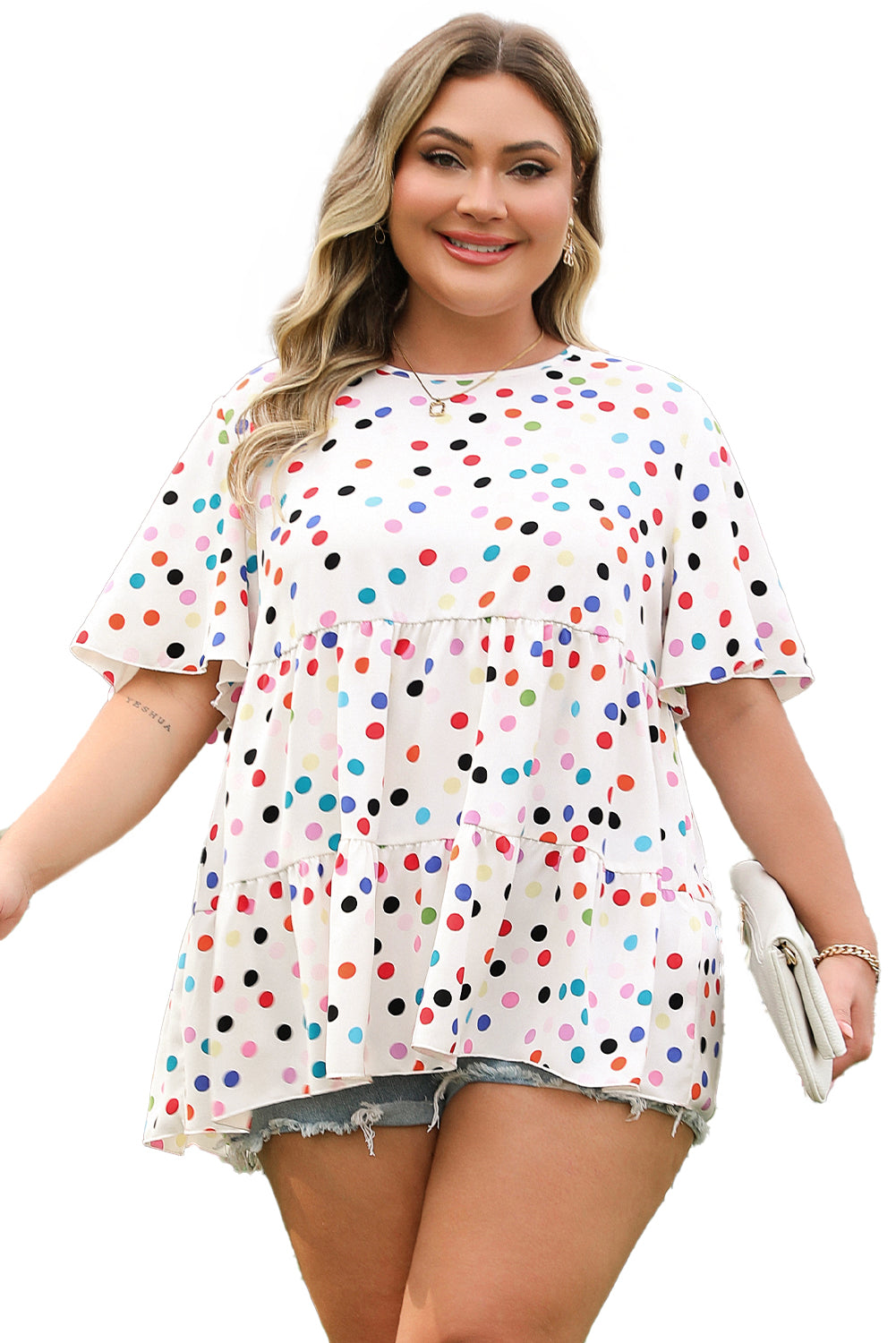Beige Plus Size Babydoll Blouse with Colorful Polka Dot Print and Ruffled Short Sleeves