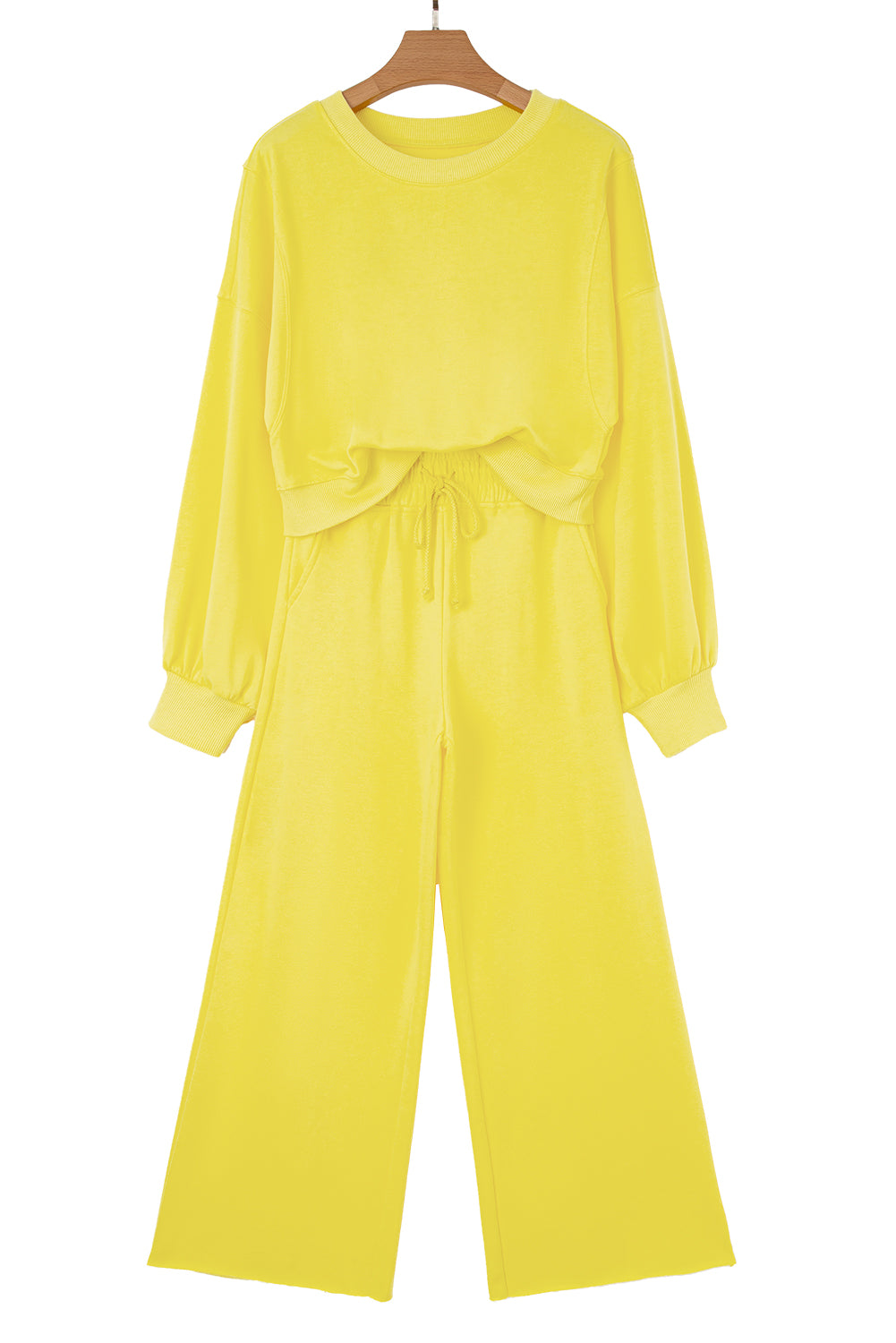Yellow Cream Puff Sleeve Crop Top and Wide Leg Pants