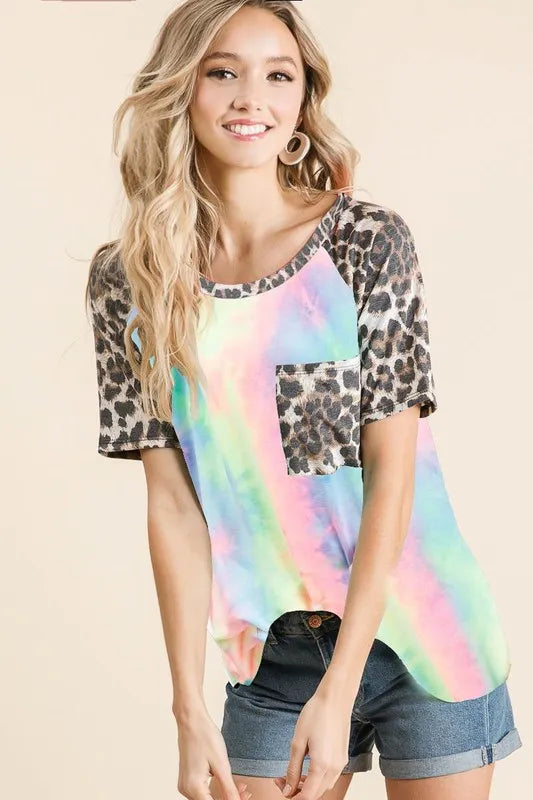 BiBi Tie Dye Knit Top with Leopard Raglan Sleeves - Love Salve