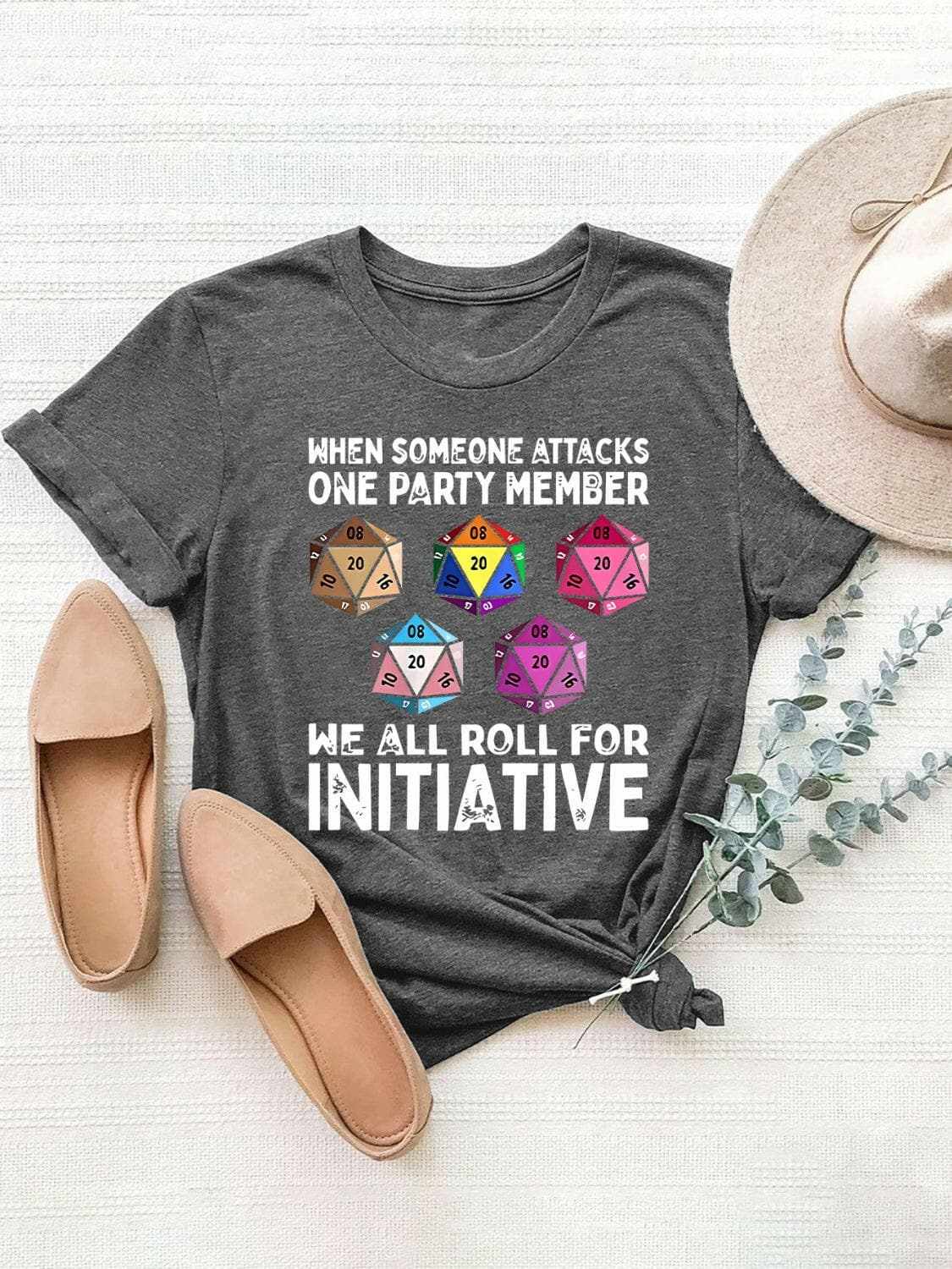 Graphic round neck short sleeve tee for women with colorful dice design.