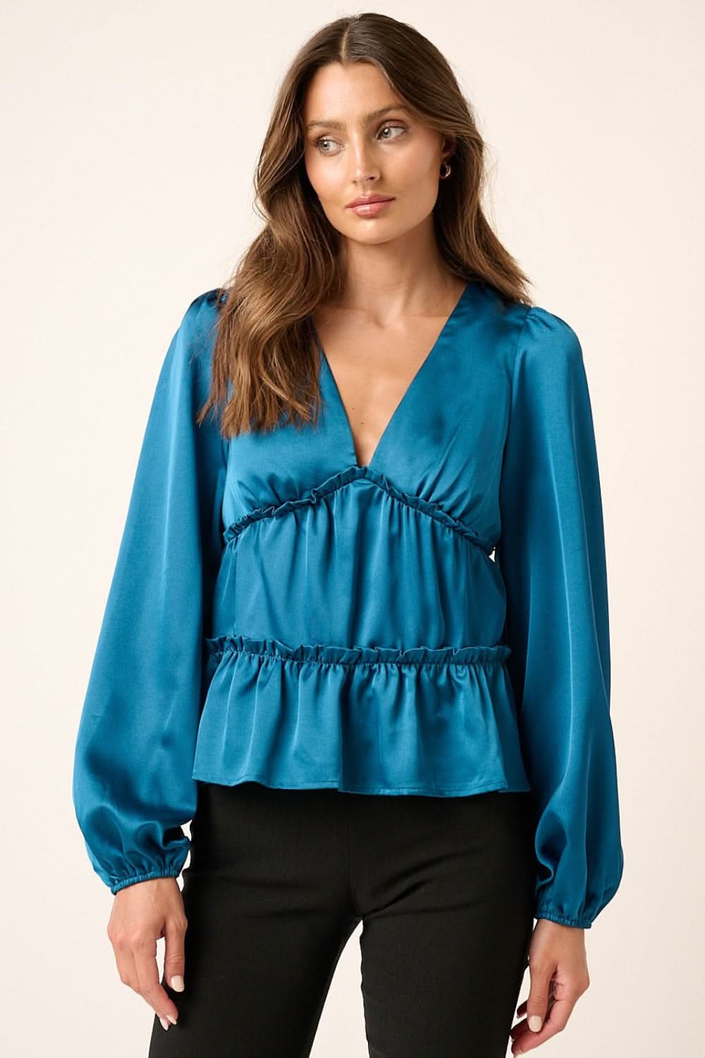 Mittoshop Satin V Neck Ruffled Tier Blouse - Love Salve