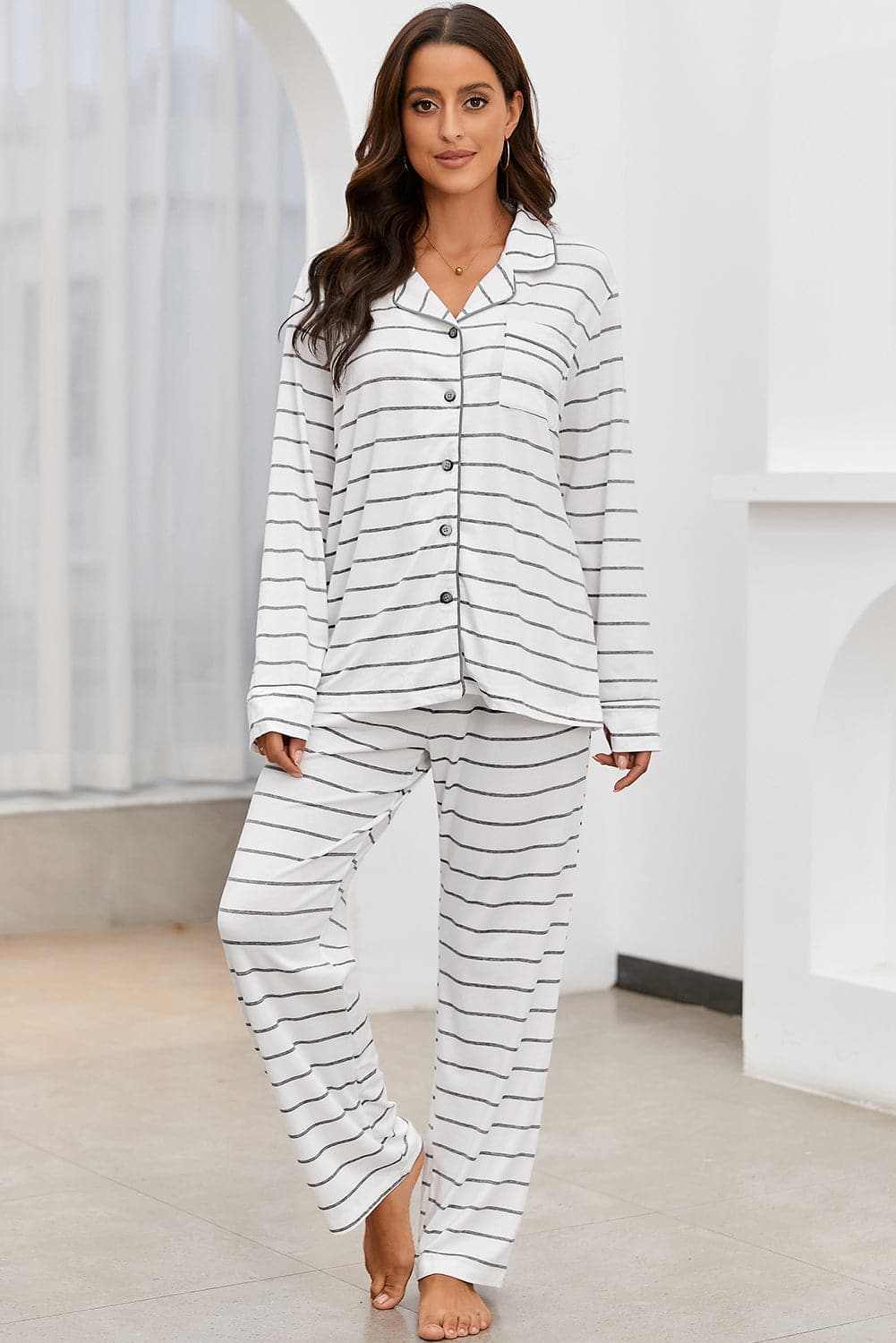 Chic striped lounge set, v-neck, drawstring pants - Love Salve