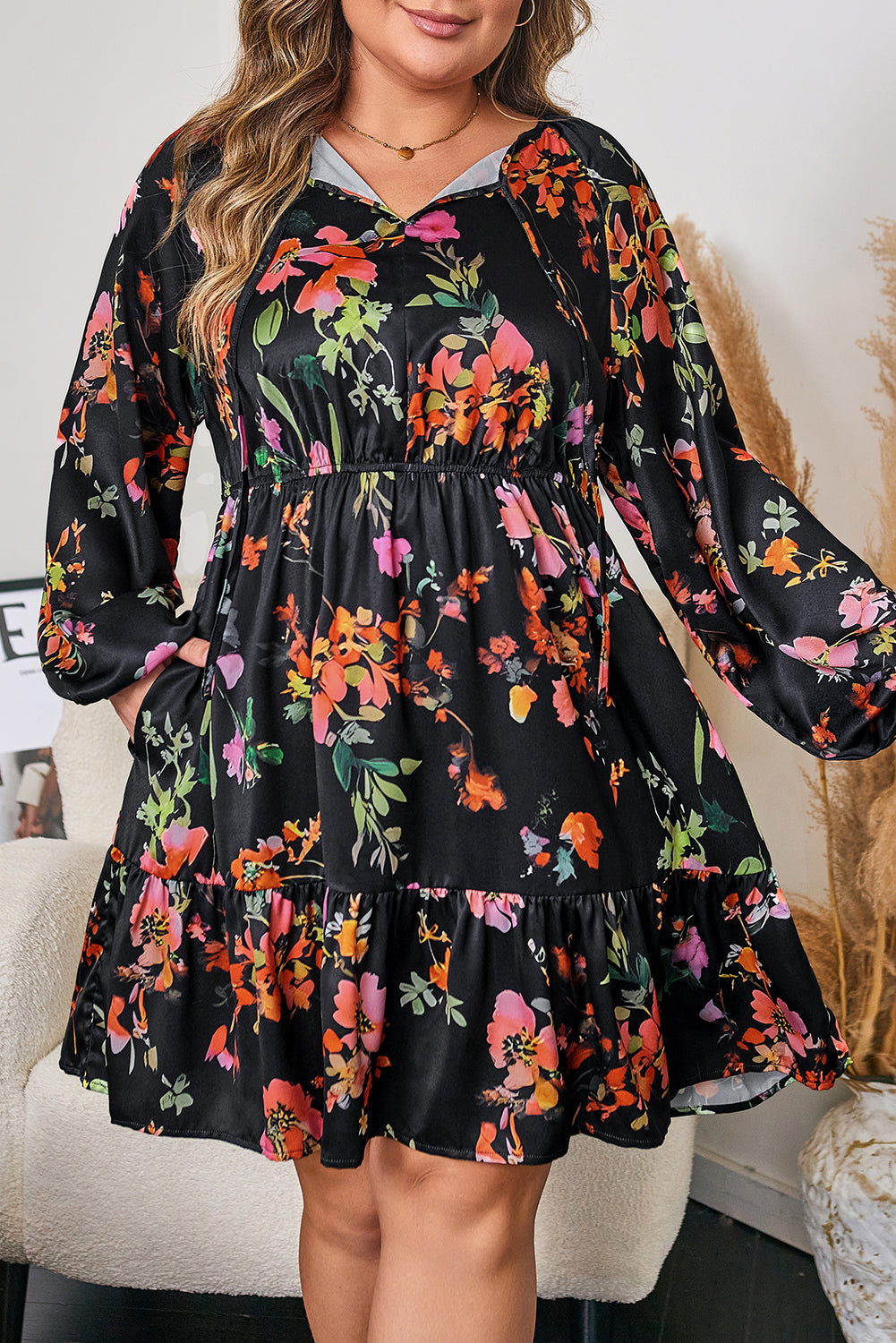 Black Plus Size Floral Print Tie Neck Cinched Waist Dress