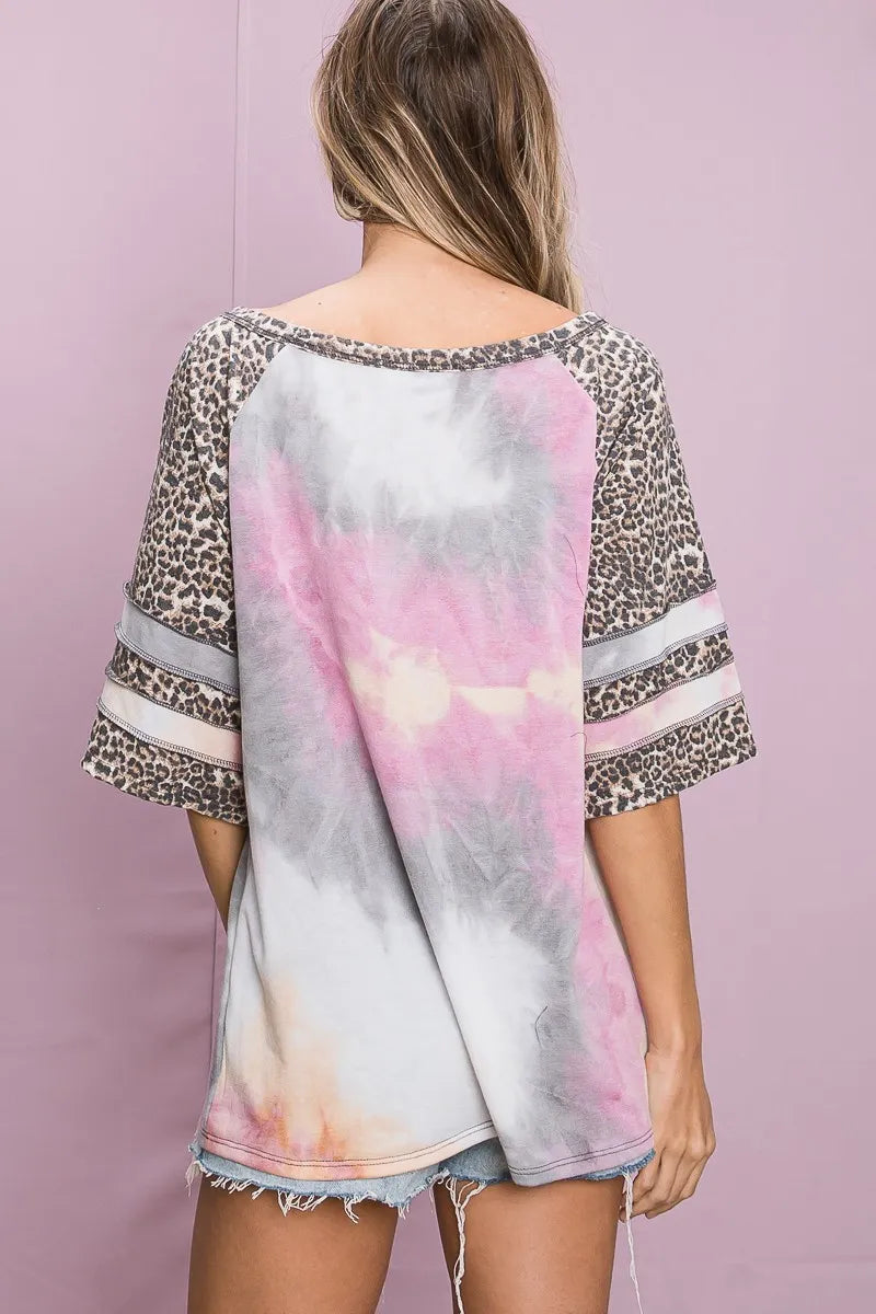 BiBi Tiedye French Terry with Leopard Sleeve Top - Love Salve