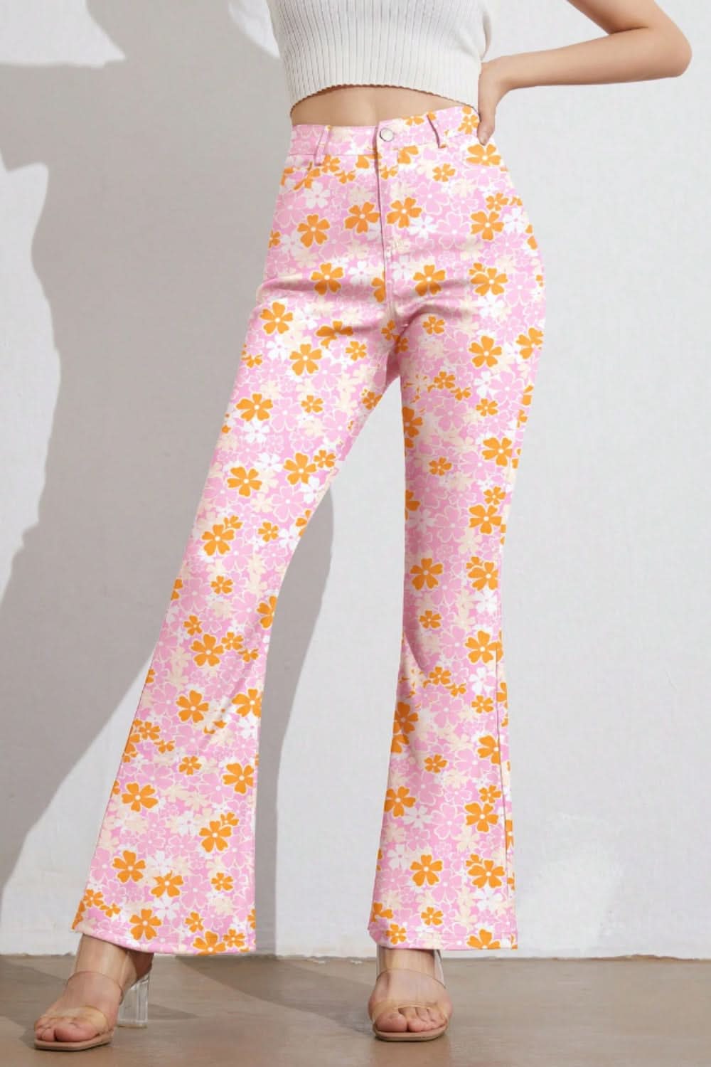 Trowsus Flare Uchel Waist Argraffedig chwaethus gyda phocedi cyfleus