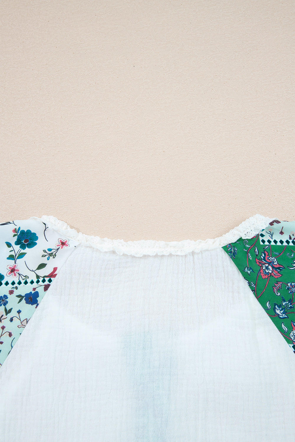 Premium White Plant Mesh Patch Color Block Half Button Blouse