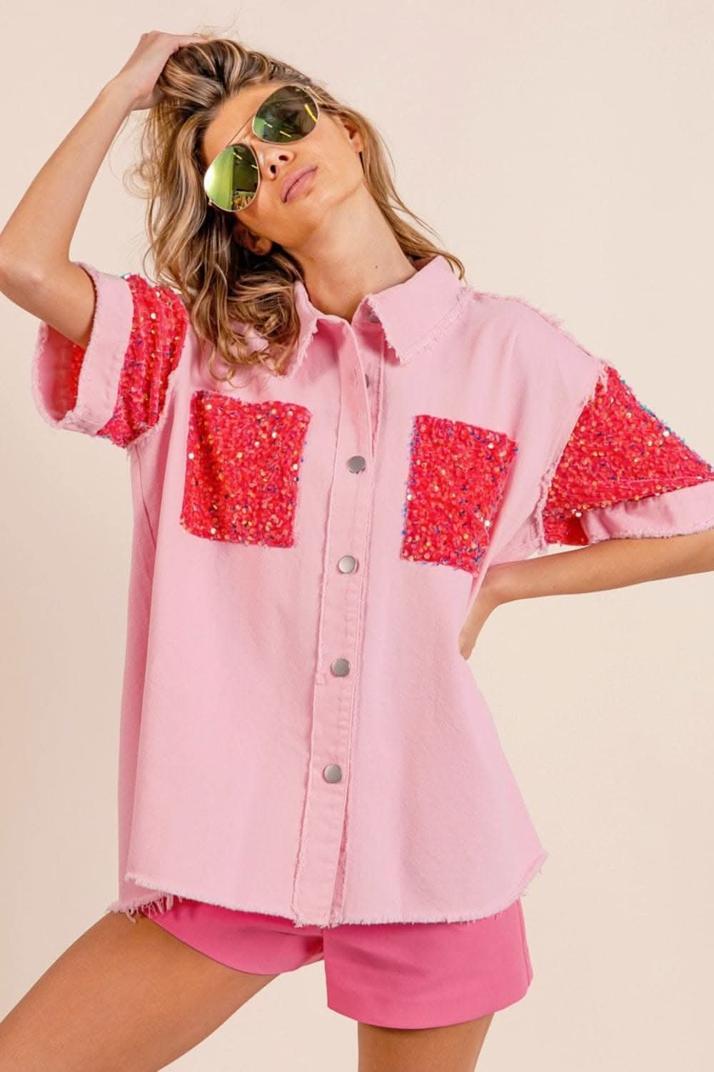 BiBi Sequin Detail Raw Hem Short Sleeve Shirt - Love Salve