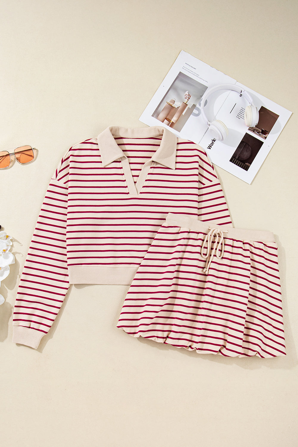 Red Stripe Cropped Collared Pullover and Bubble Mini Skirt
