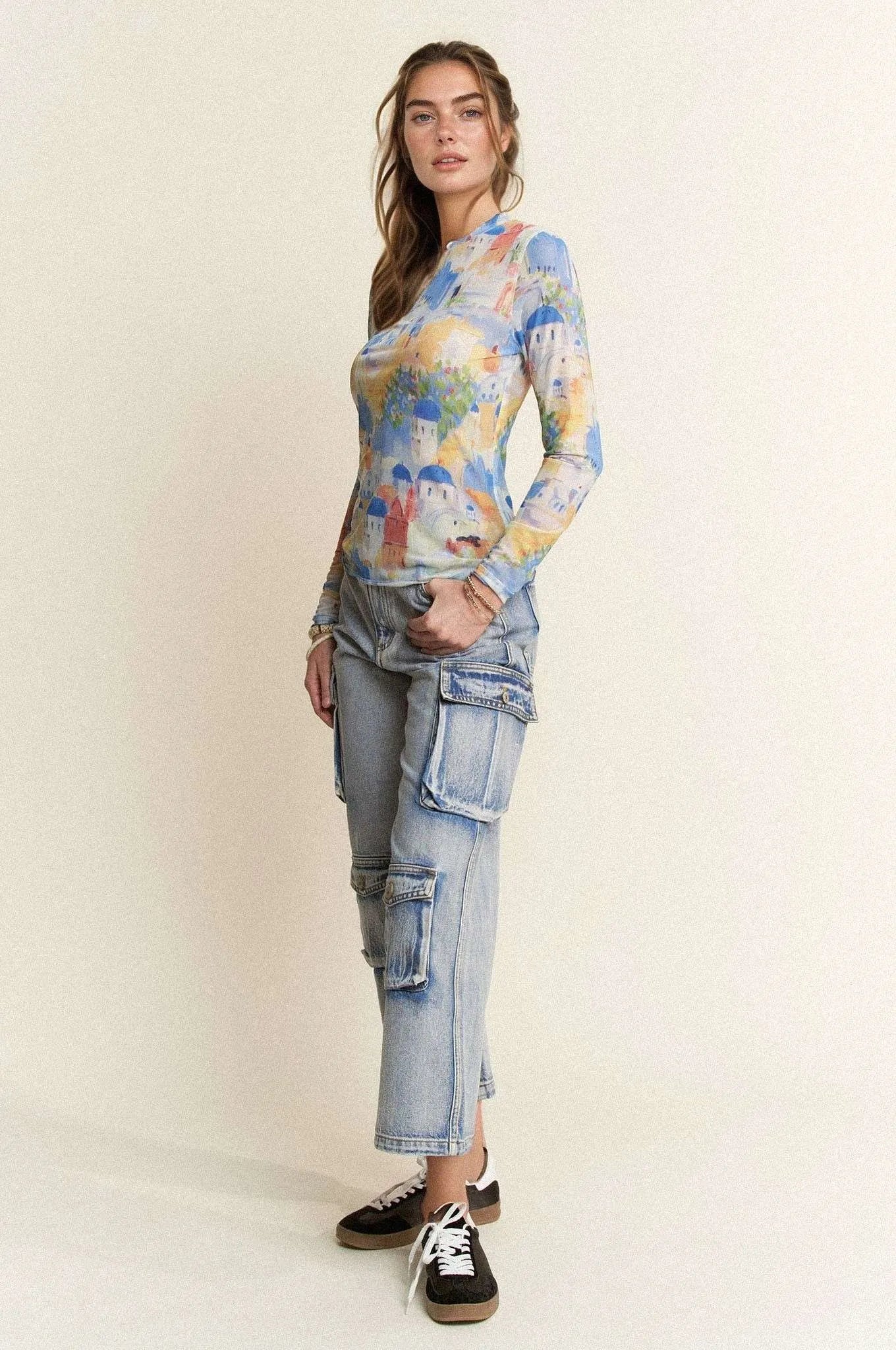 Davi & Dani Multi Printed Mesh Round Neck Long Sleeve Top - Love Salve
