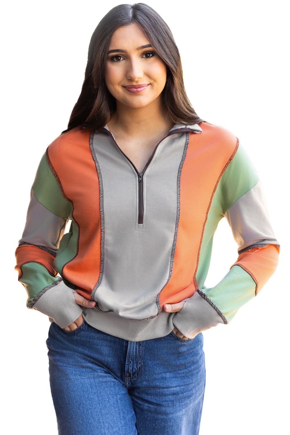 Light Grey Color Block Stitching Detail Half Zipper Sweatshirt - Love Salve