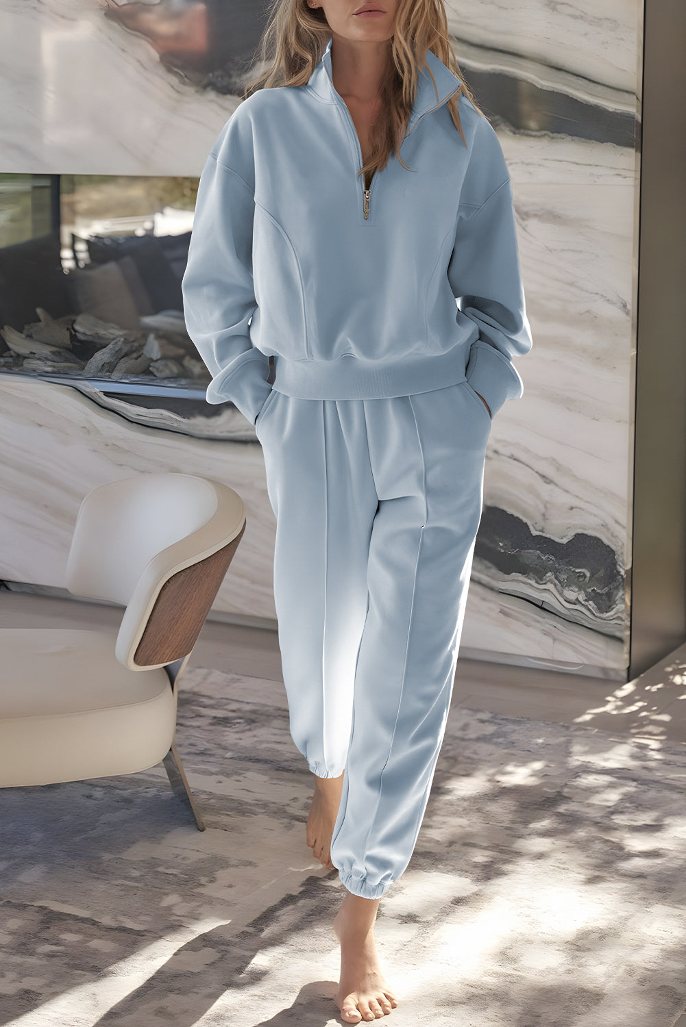 Sky Blue Half Zip Up Pullover Active Top and Joggers Set