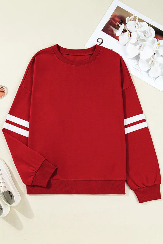 Fiery Red Varsity Striped Detail Crew Neck Plus Sweatshirt Dear-Lover Dropshipping