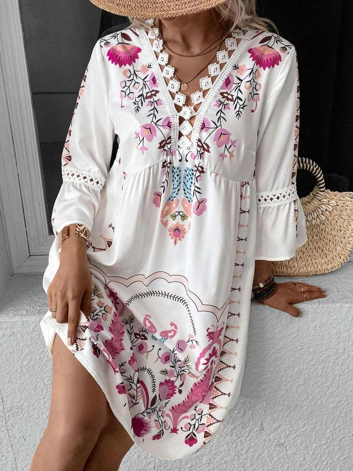 Lace Printed Three-Quarter Dress with Sheer Elegance - Love Salve