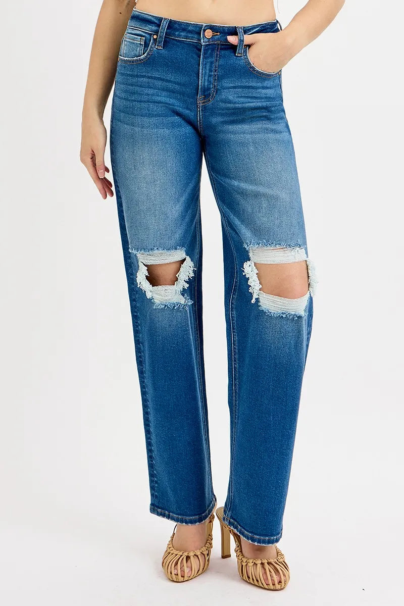 Risen Full Size Mid Waist Fit Boyfriend Knee Distressed Jeans Plus Size - Love Salve