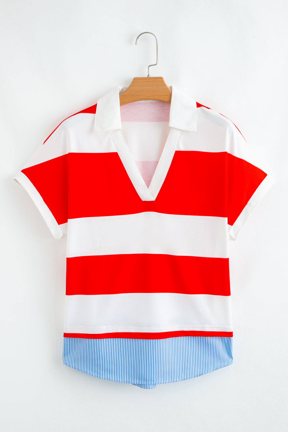 Red Stripe Collar V Neck Cuffed Dolman Short Sleeve Top