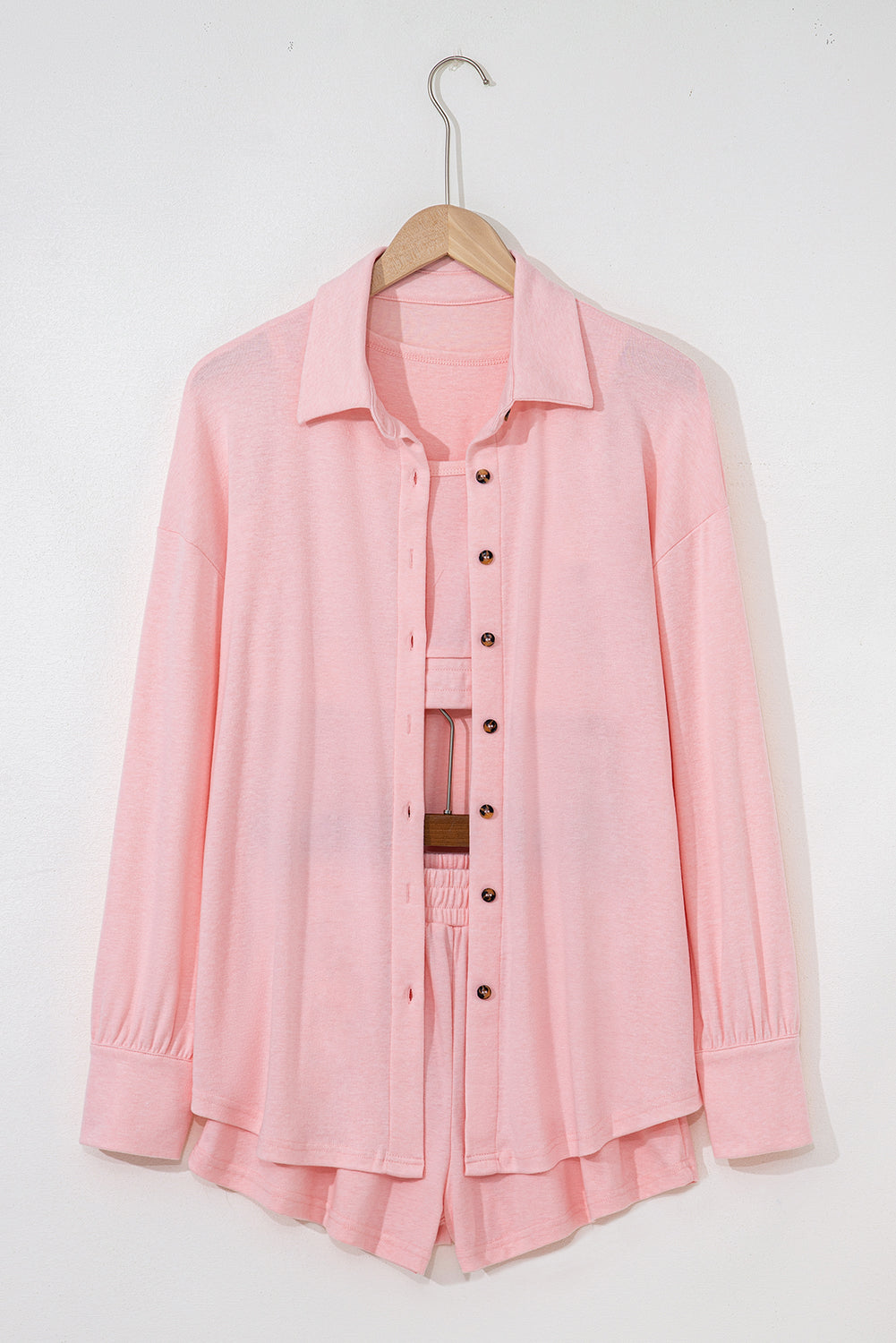 Light Pink 3 Pcs Crop Tank Top Shorts with Cardigan Set