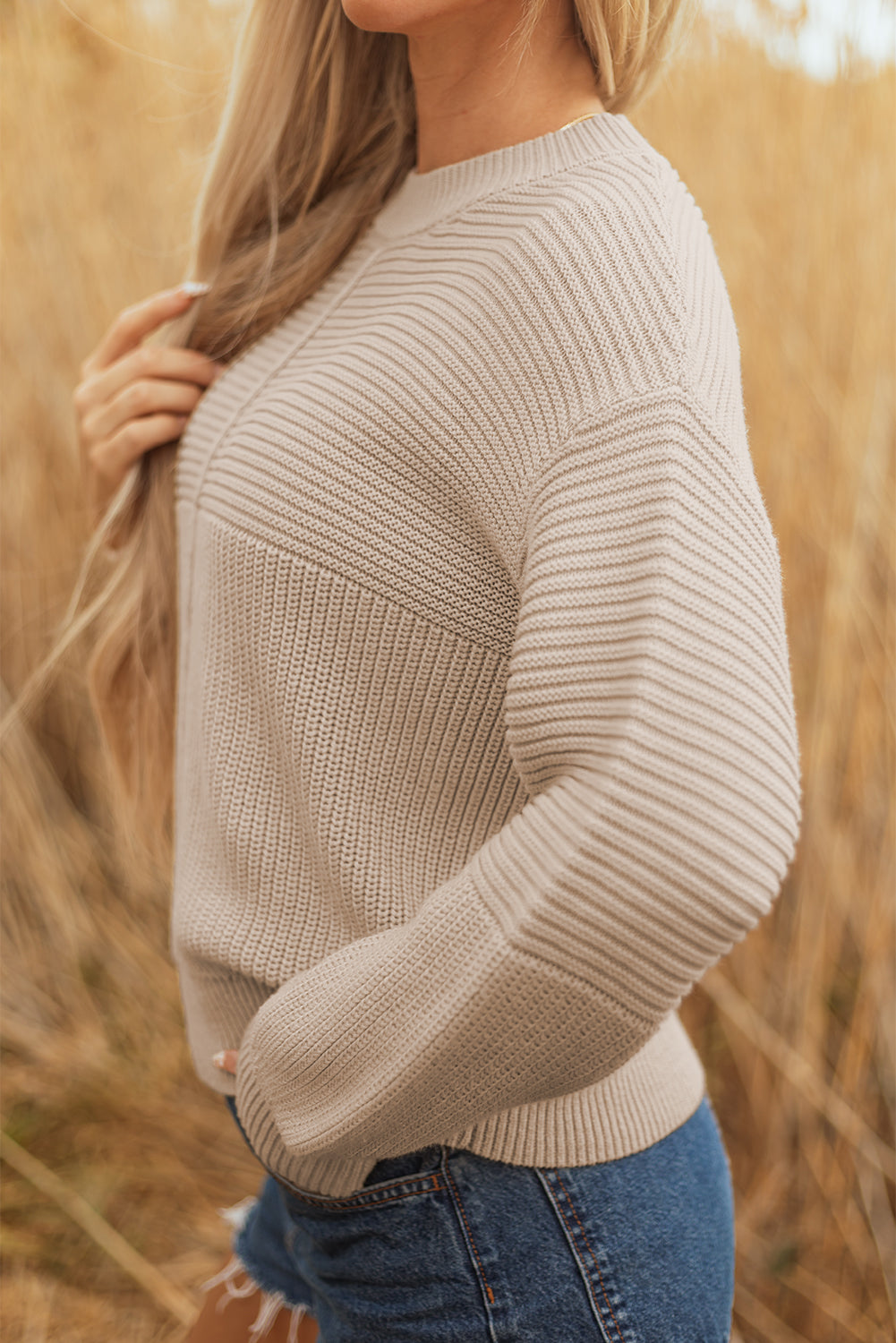 Premium Parchment Mixed Texture Patchwork Knitted Puff Sleeve Sweater