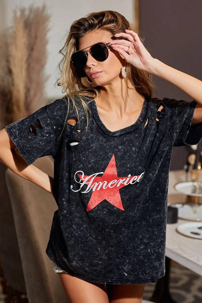 BiBi Laser Cut Mineral Washed Jersey Top with America - Love Salve