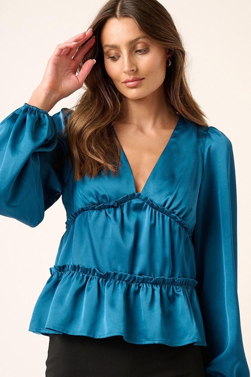 Mittoshop Satin V Neck Ruffled Tier Blouse - Love Salve