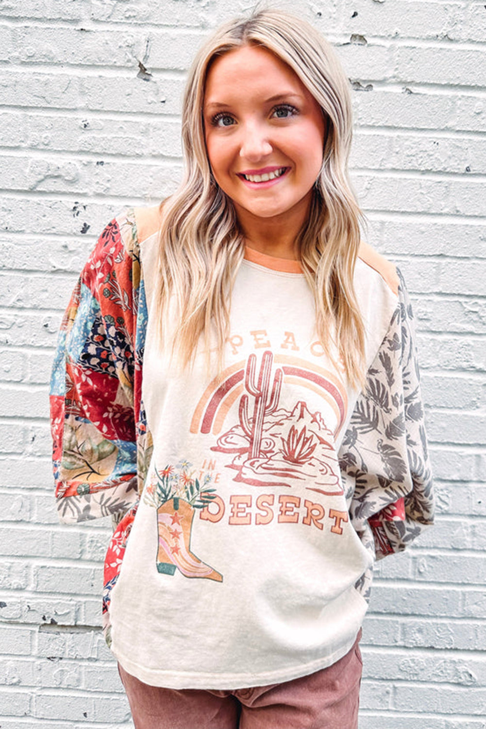 Multicolour Asymmetric Printed Patchwork Sleeve Top for Women