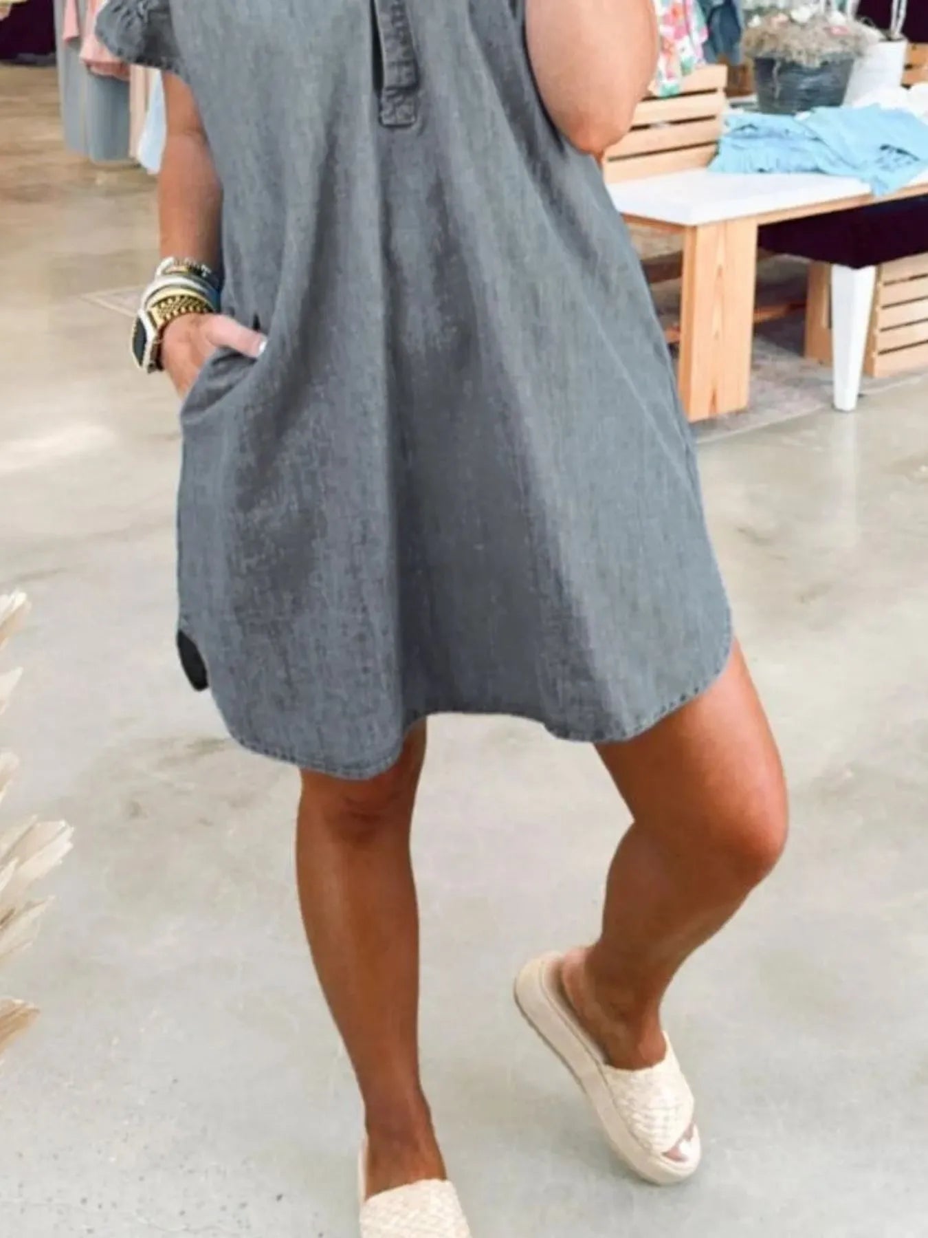 Full Size V-Neck Short Sleeve Denim Dress Plus Size