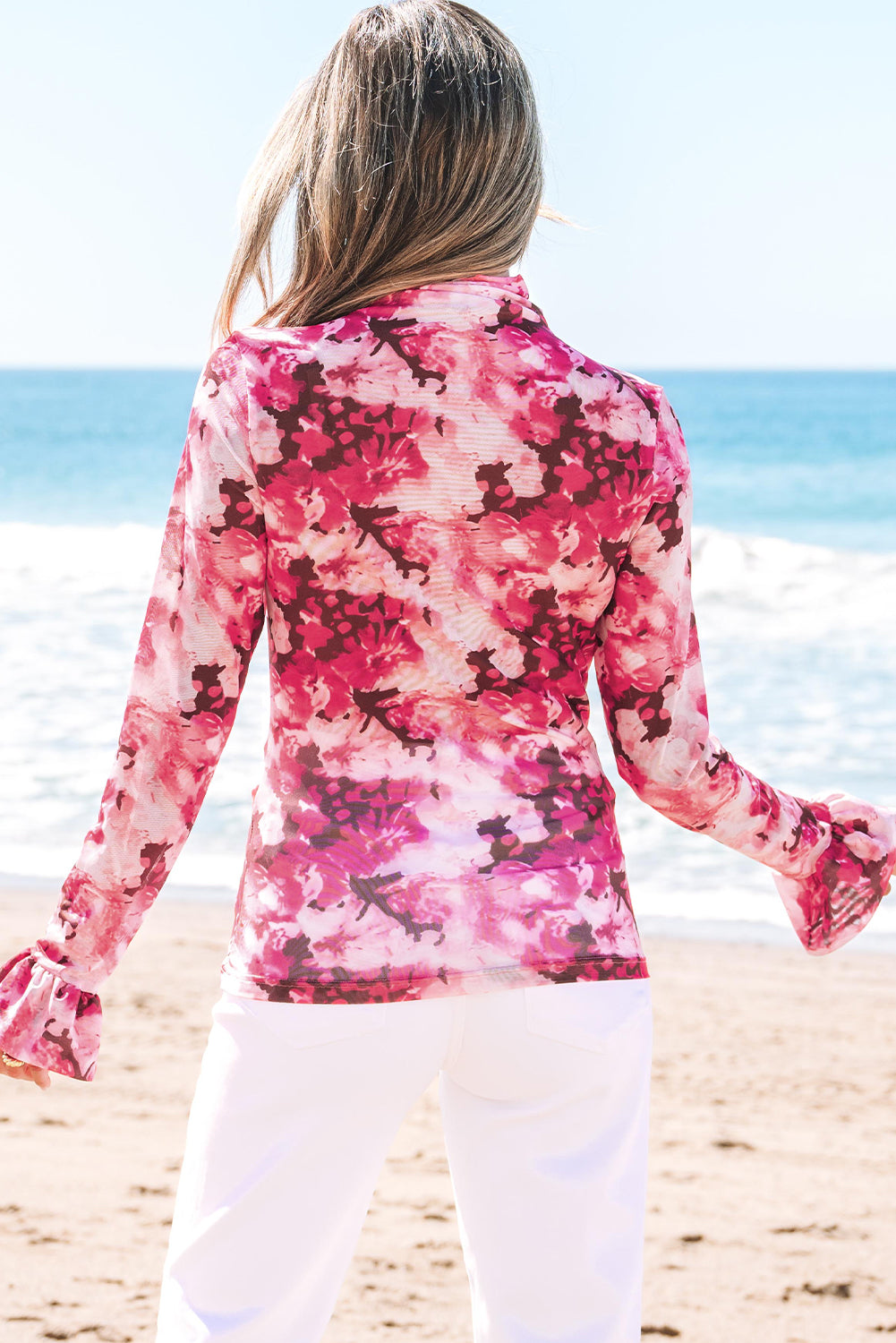 Rose Floral Mesh Flounce Sleeve Mock Neck Blouse for Women