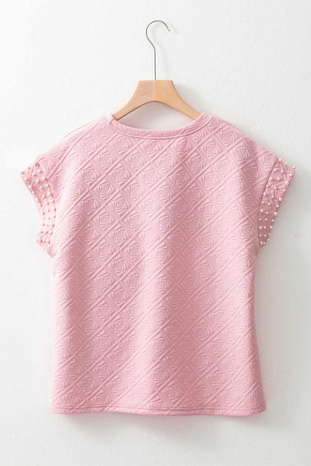 Light Pink Pearl Embellished Flower Textured T Shirt For Women