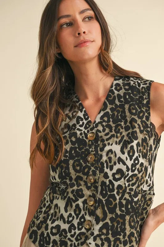 Annie Wear Stretch Leopard Denim Button Down Vest for Women - Love Salve