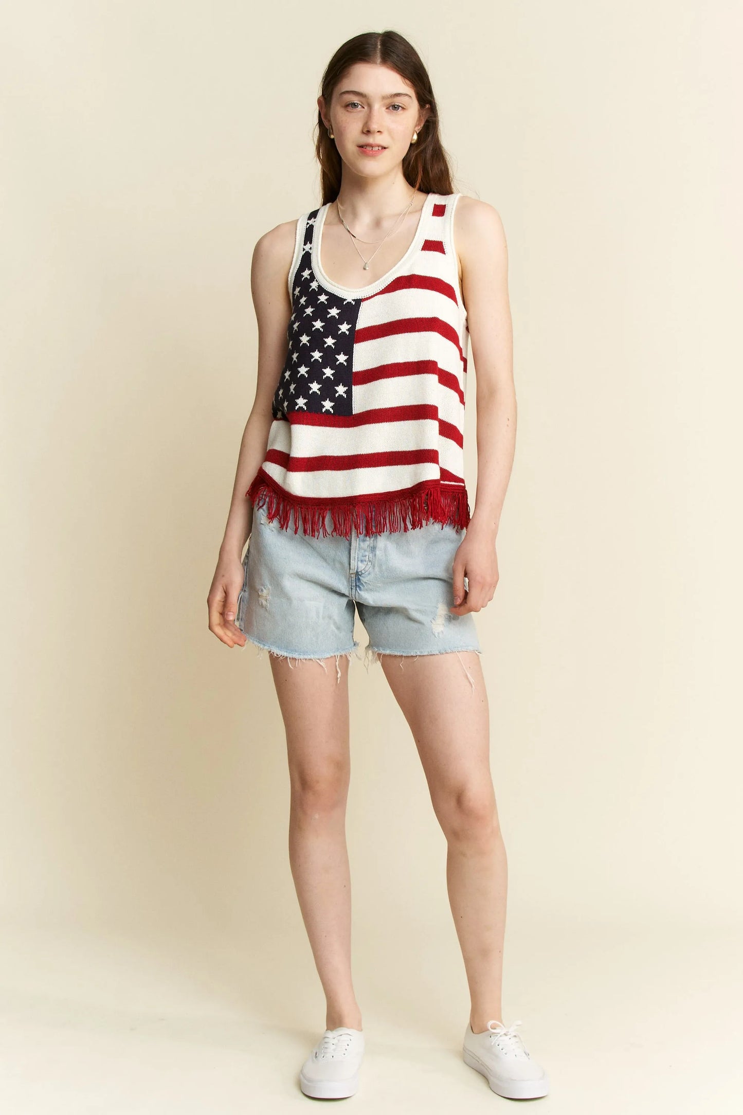 Jade By Jane Full Size American Flag Fringe Tank Top Plus Size - Love Salve