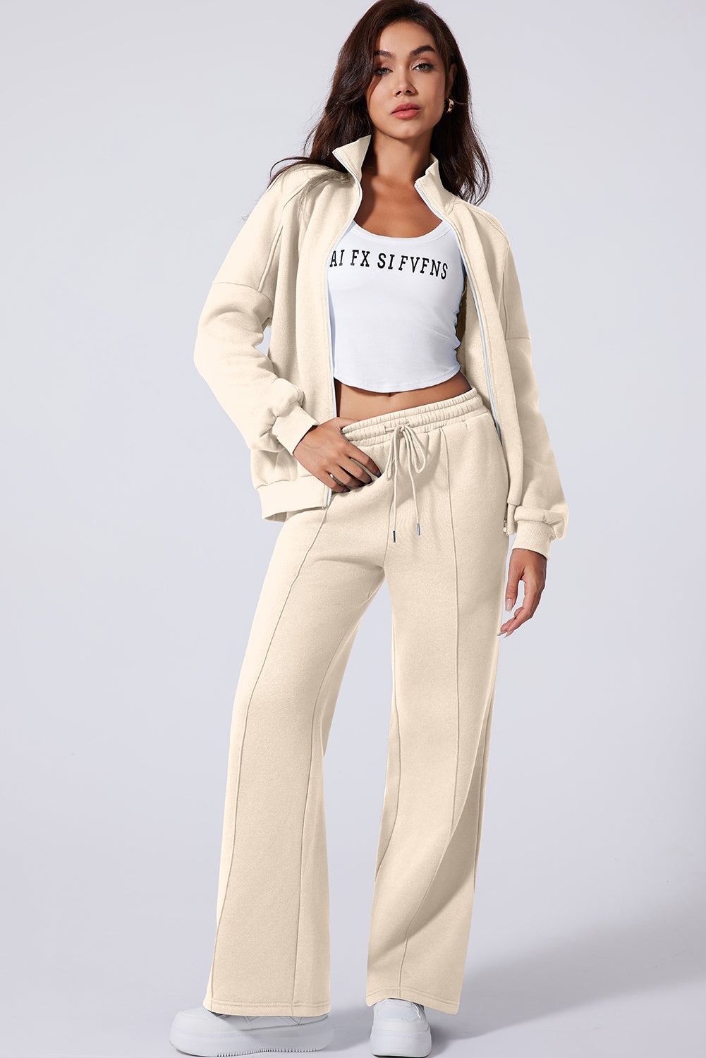 Beige Drop Shoulder Zip Jacket Set 2Pcs Activewear Gear