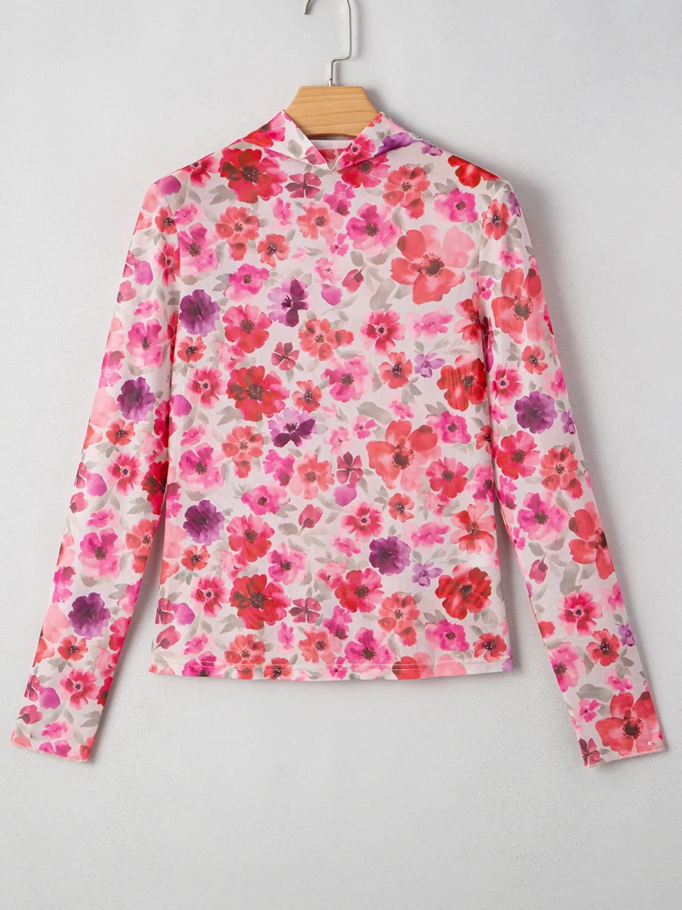 Floral Mesh Long Sleeve Fitted Blouse