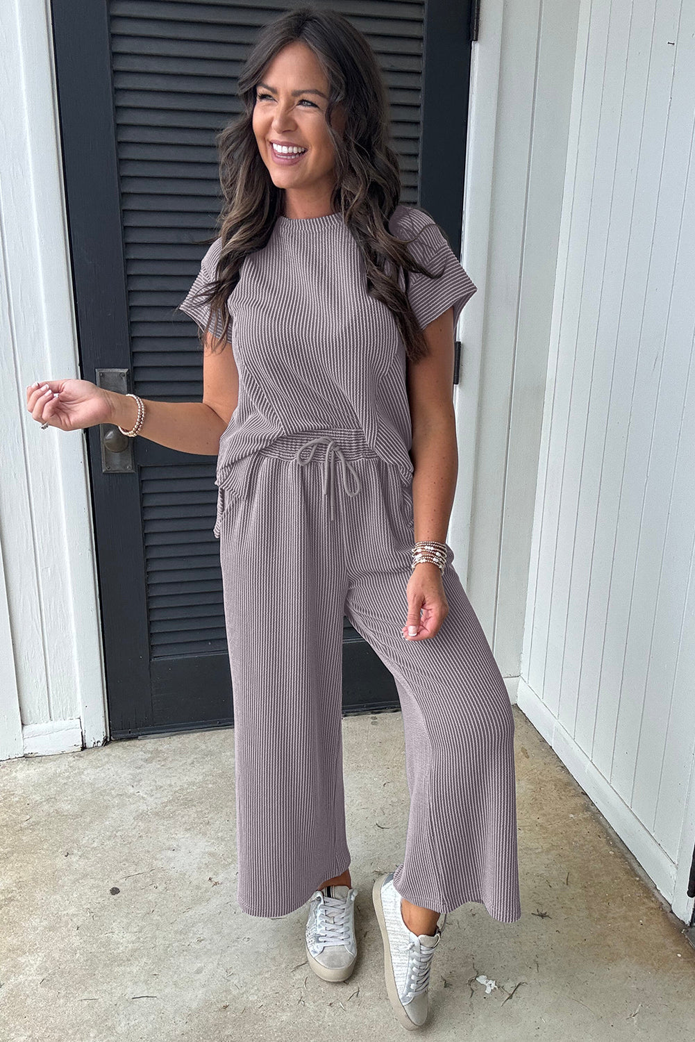 Wild Wind Solid Corded Knit Short Sleeve T Shirt Set