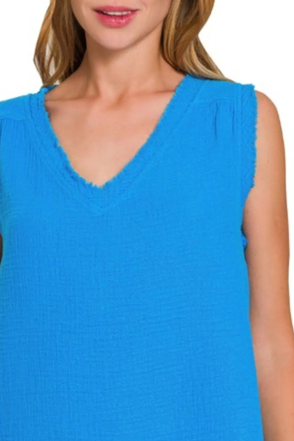 Zenana Double Gauze Raw Edge V-Neck Tank - Love Salve