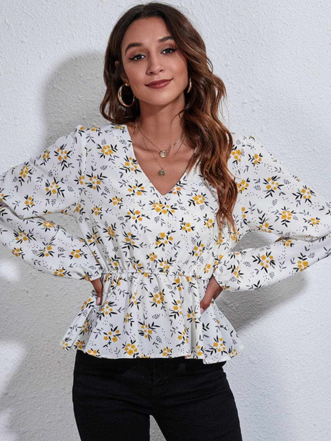Floral peplum blouse with v-neck - Love Salve