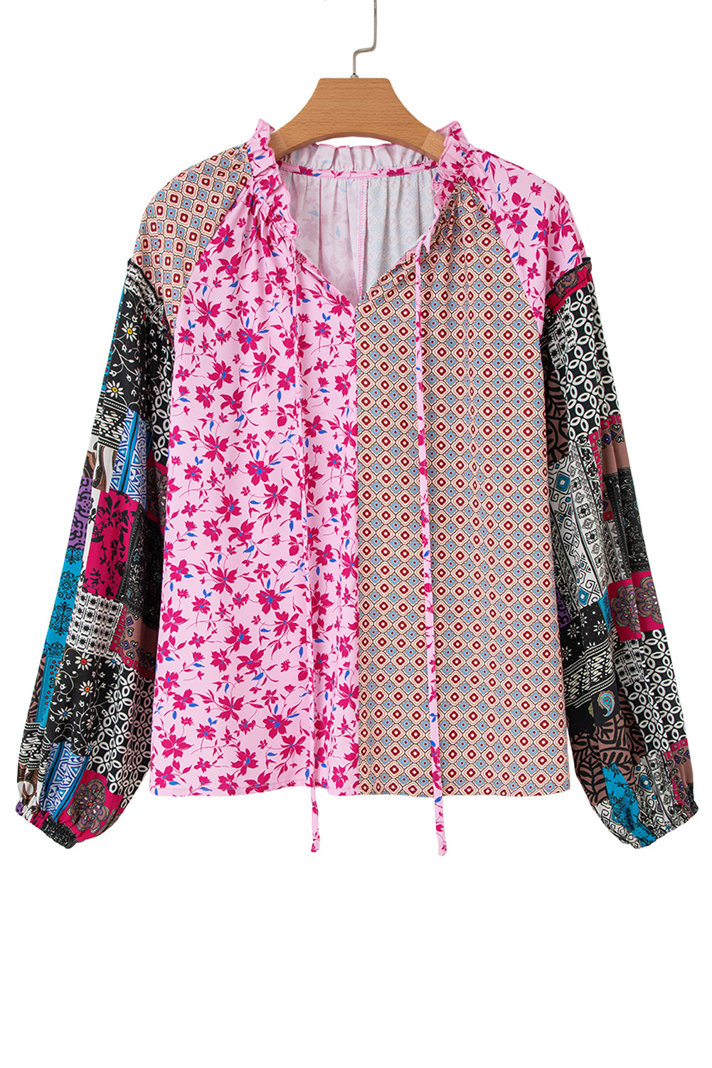 Premium Pink Boho Mixed Floral Drop Shoulder Bubble Sleeve Blouse