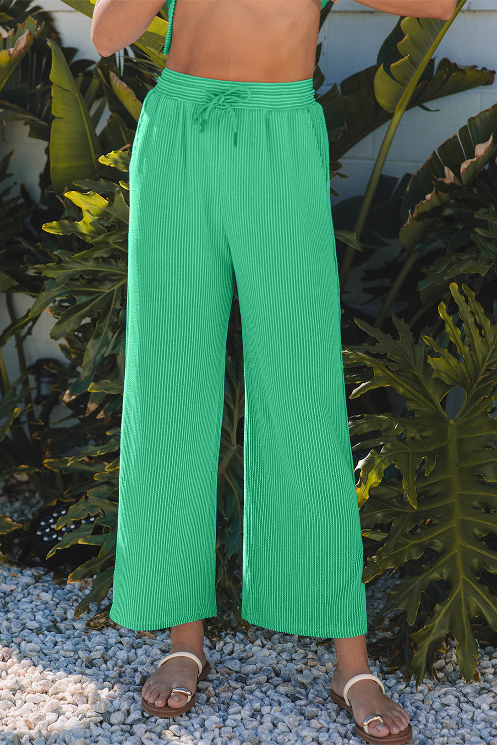 Bright Green Solid Corded Knit Short Sleeve T Shirt Set