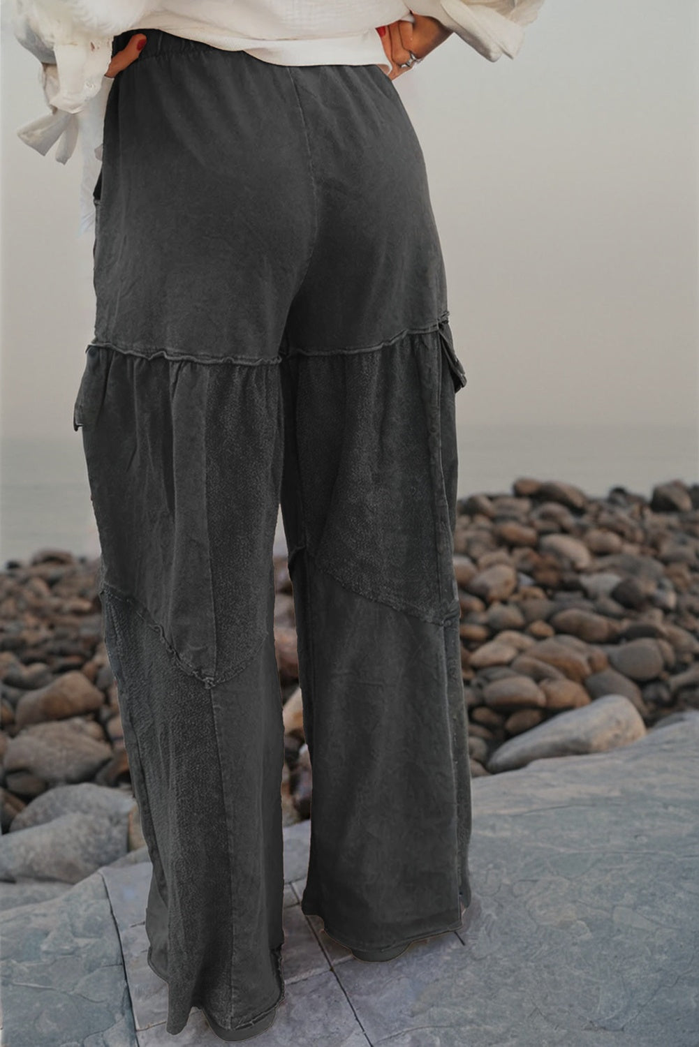 Premium Black Mineral Wash Tiered Wide Leg Patchwork Drawstring Pants