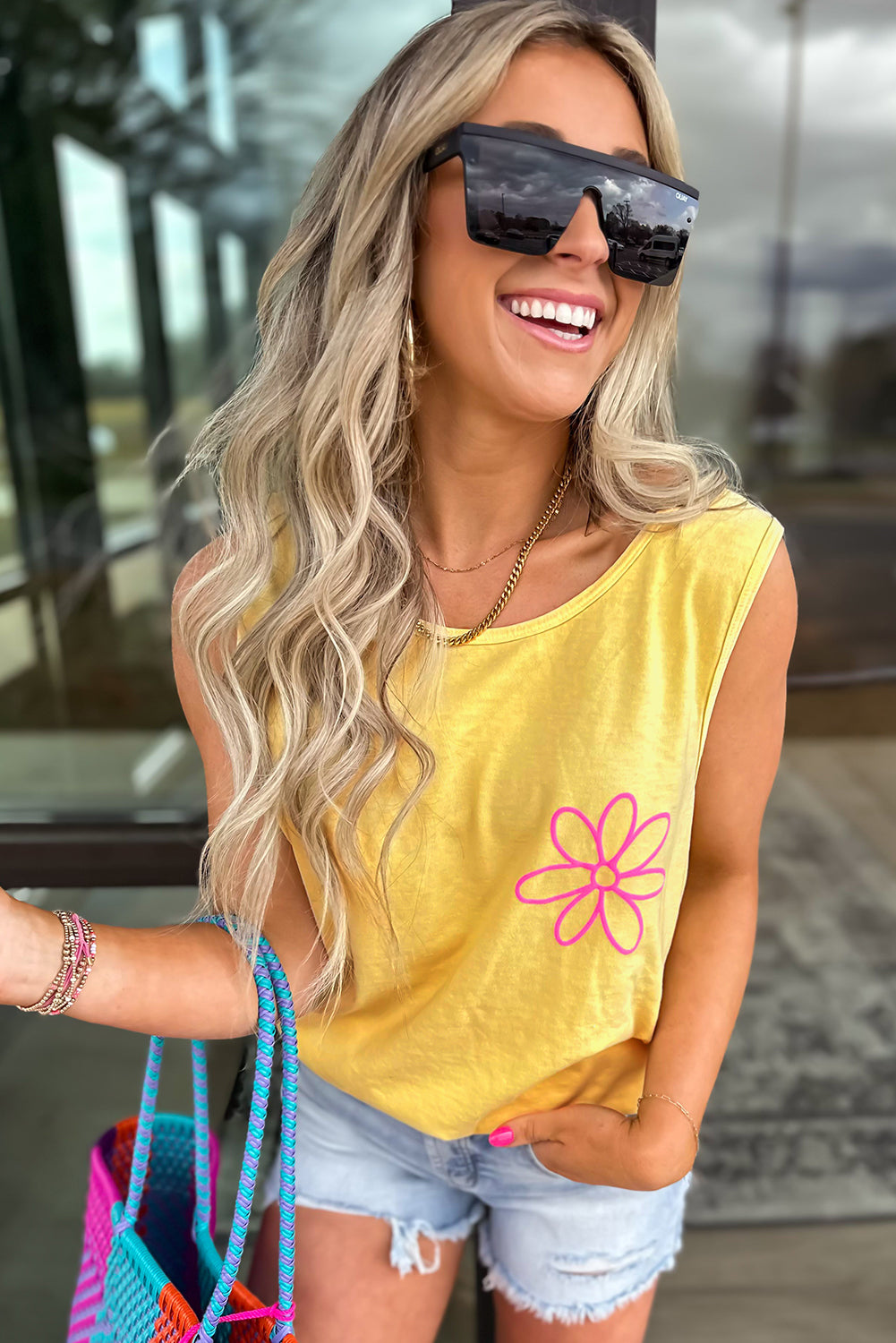 Yellow Cream Flower Graphic Casual Tank Top for Summer Style