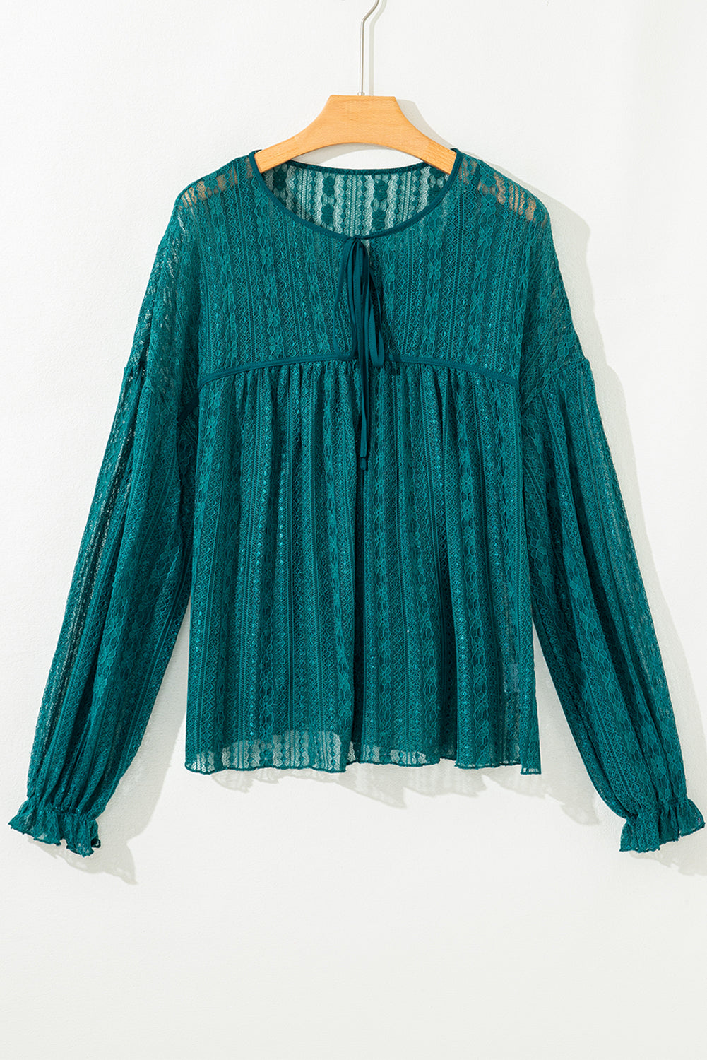 Premium Evergreen Sheer Lace Balloon Sleeve Babydoll Blouse