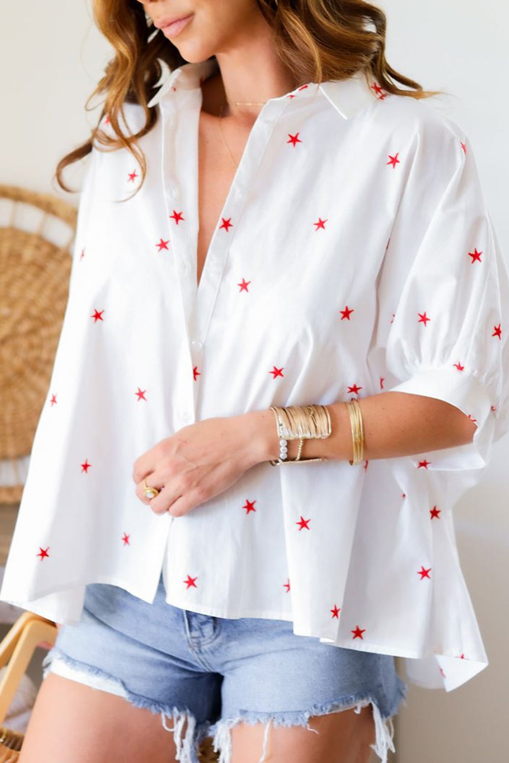 White Little Stars Printed Loose Half Sleeve Shirt for Women
