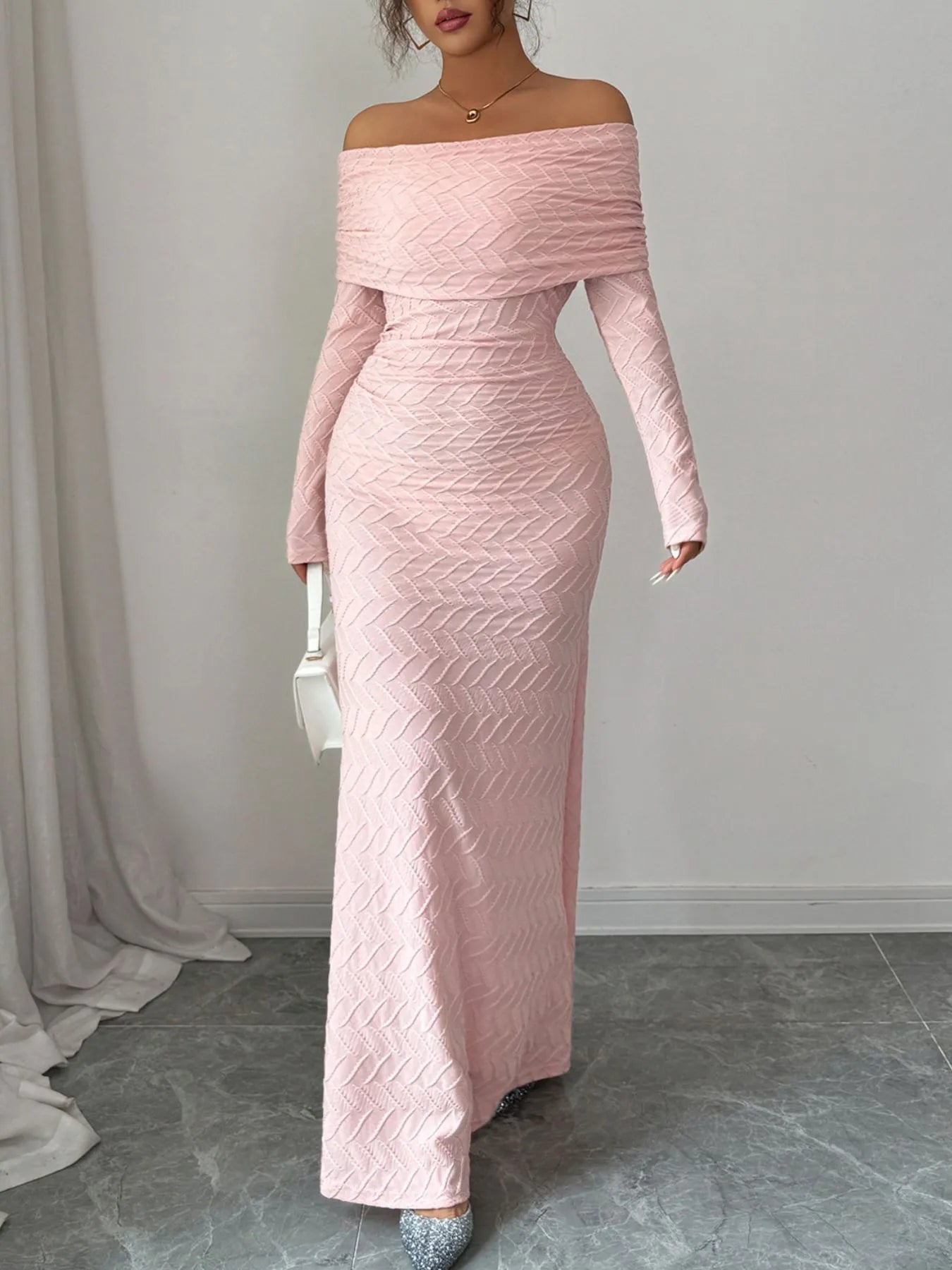 Blush Elegance Off-Shoulder Mermaid Maxi Dress