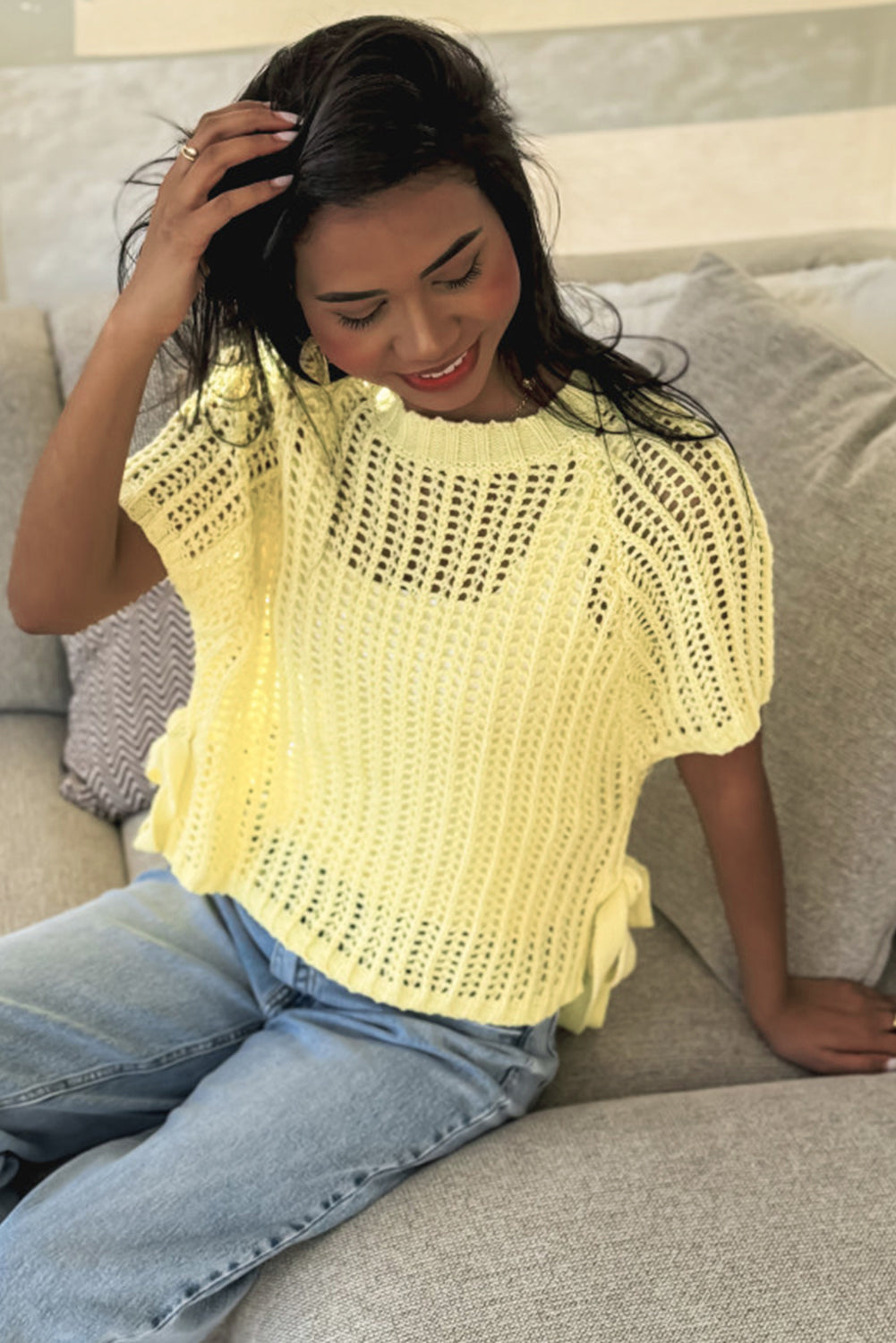 Yellow Cream Hollow-out Crochet Side Tied Short Sleeve Sweater