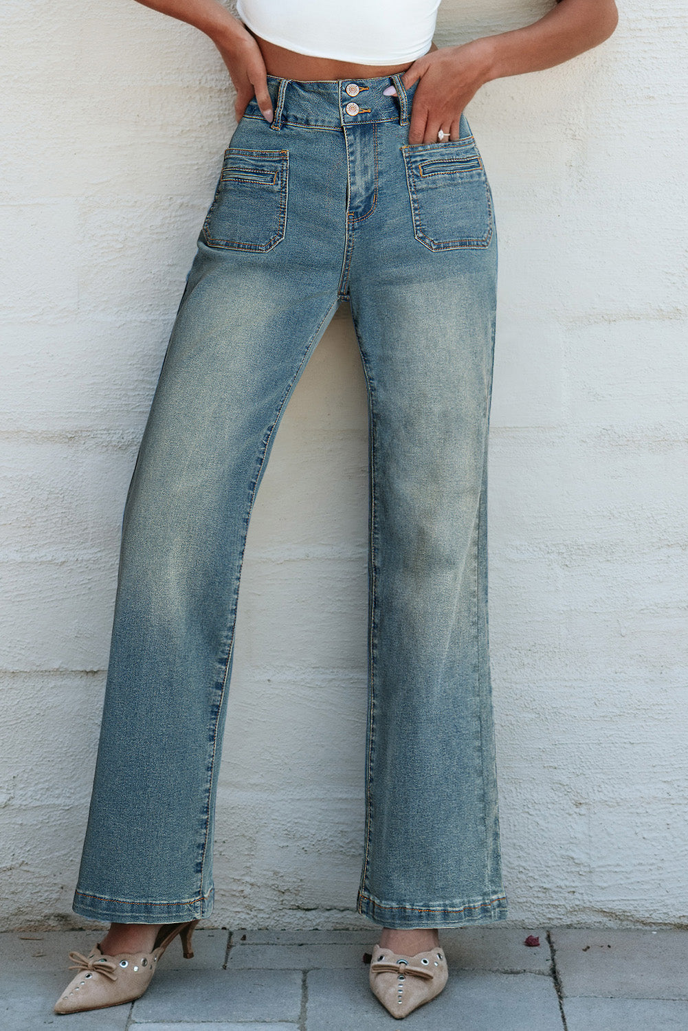 Amyra Double Button Patch Pocket Flare Leg Jeans - Love Salve