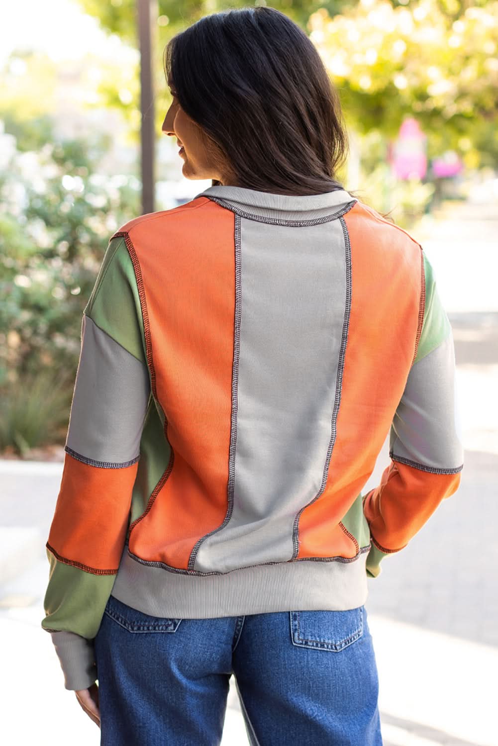 Light Grey Color Block Stitching Detail Half Zipper Sweatshirt - Love Salve