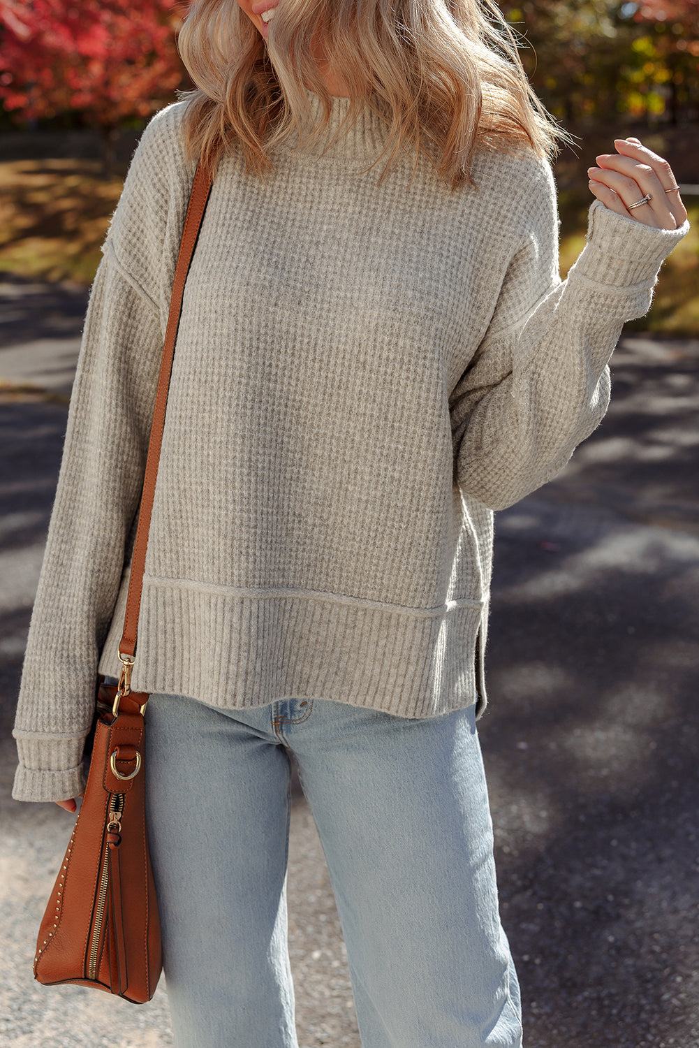 Gray Morn Waffle Knit Ribbed High Neck Drop Shoulder Sweater