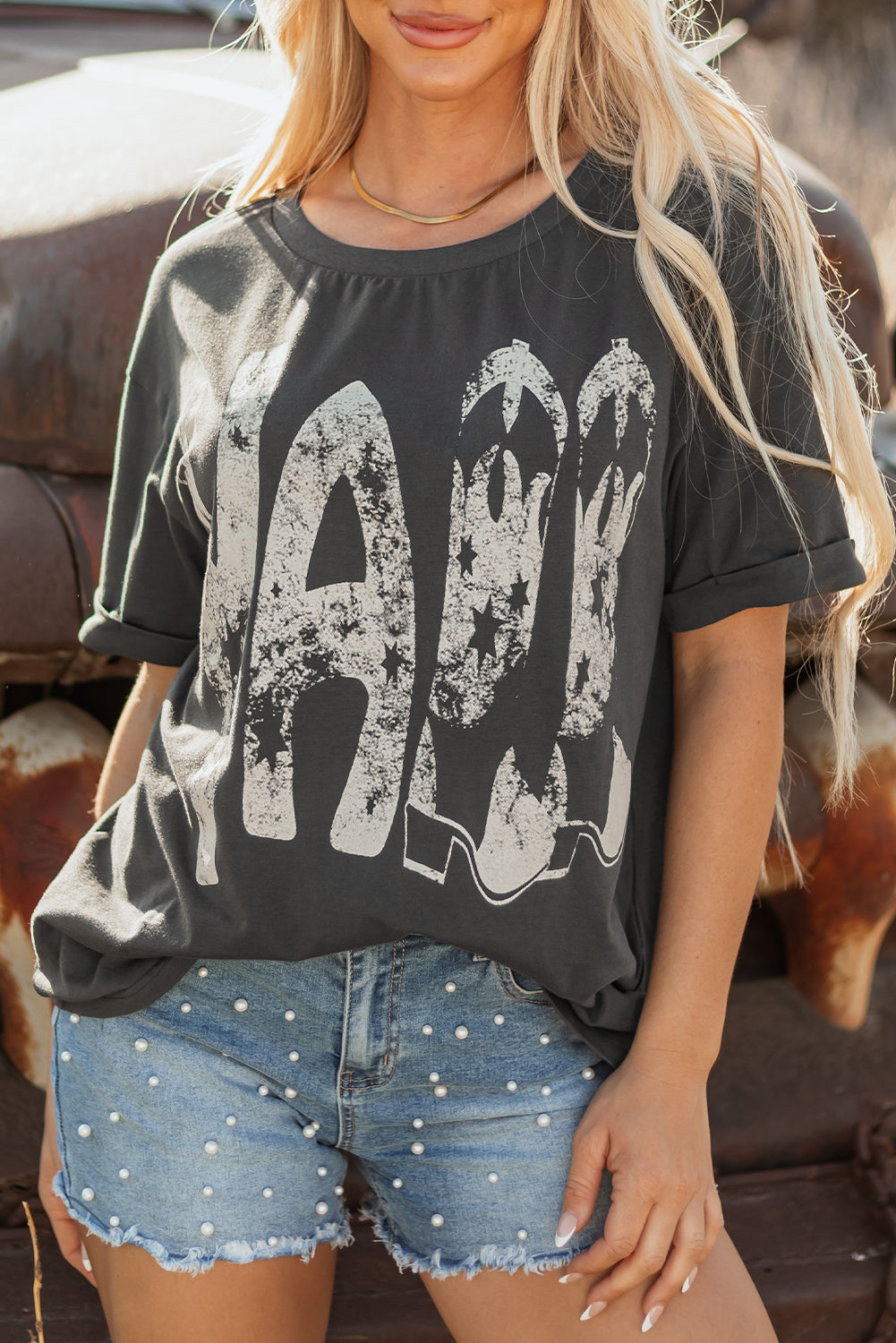 Carbon Grey Vintage Yall Cowboy Boots Graphic Tee Shirt