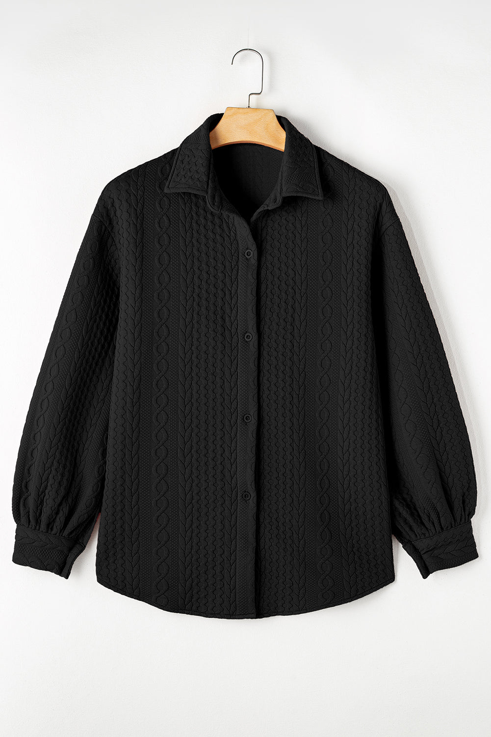Premium Black Cable Texture Puff Sleeve Shacket Loose Fit Outerwear