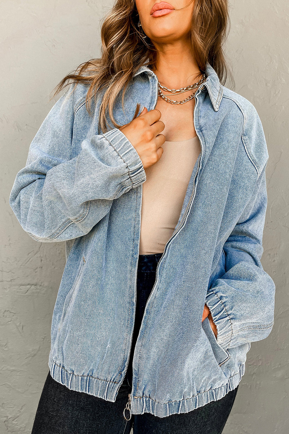Myosotis Elastic Edge Collared Denim Jacket With Pocket