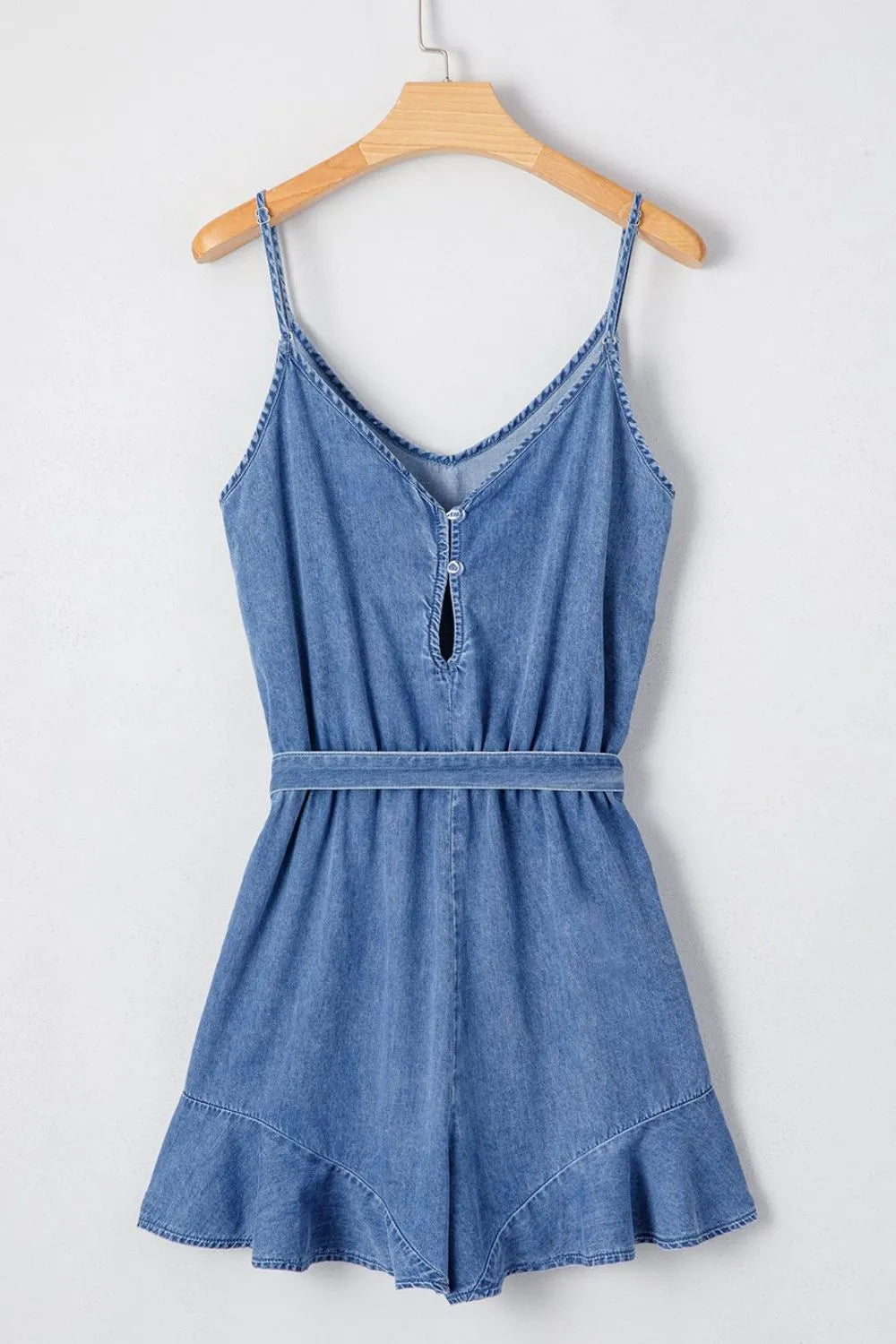 Spaghetti Straps V Neck Belted Ruffled Leg Chambray Romper