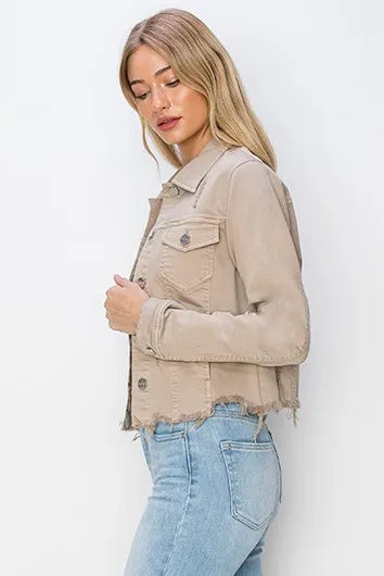 Risen Full Size Raw Hem Button Up Cropped Denim Jacket Plus Size - Love Salve